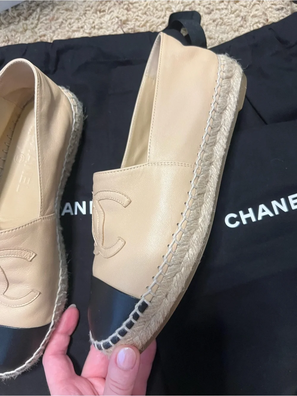CHANEL Beige and Black Leather Espadrilles with CC Appliqué